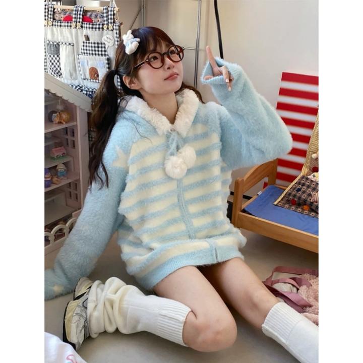 蓝色条纹连帽水貂绒毛衣女秋冬加厚宽松慵懒软糯针织开衫减龄外套