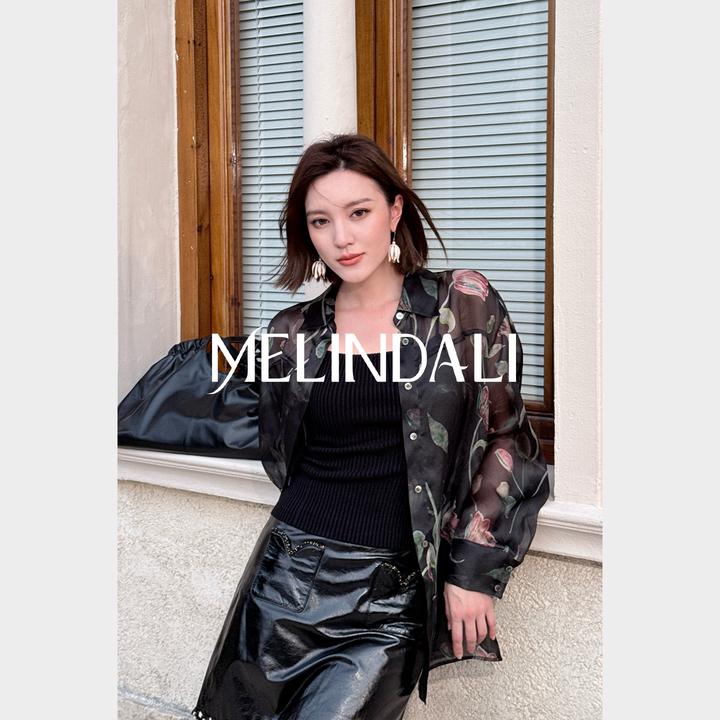 Melinda Li【手绘花园】黑标万事利真丝欧根缎水彩郁金香印花衬衫