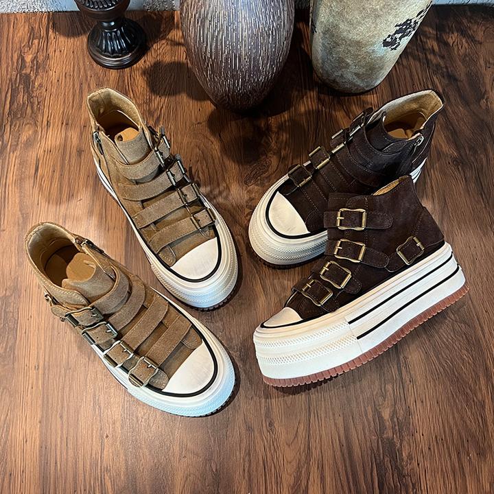 2025新款头层牛皮做旧运动风鞋子女款网红款红色鞋子厚底秋冬