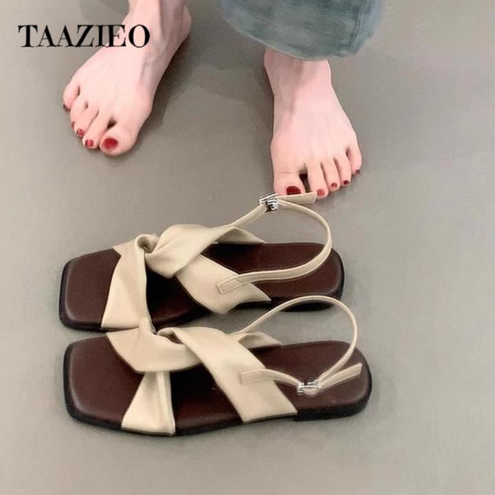 TAAZIEO羊皮版~真皮平底法式凉鞋女夏外穿2025新款百搭不累脚罗马