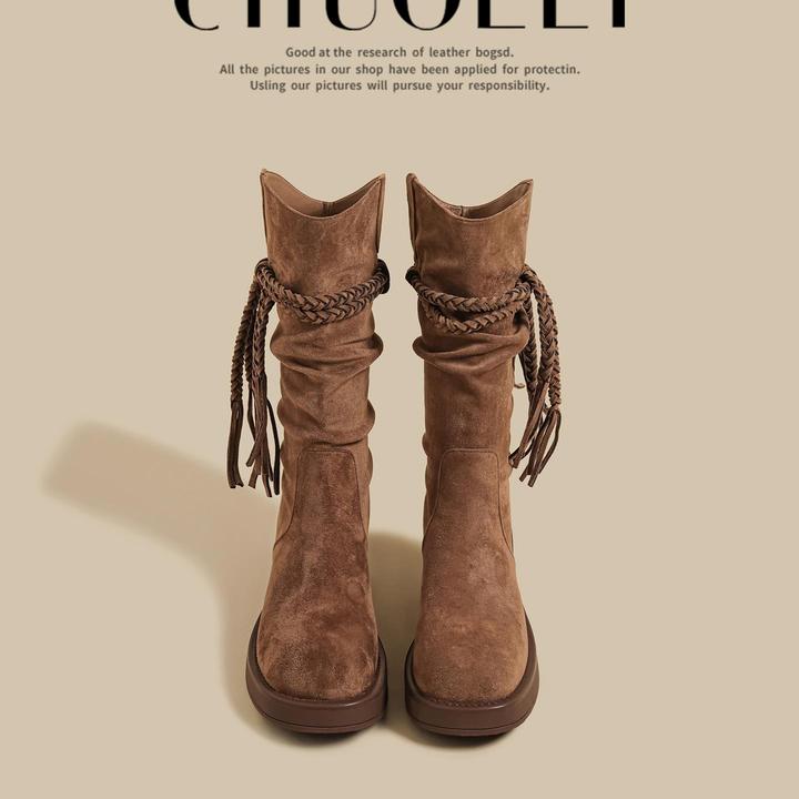 美拉德靴子女款爆款2025新款棕色粗高跟西部牛仔v口堆堆骑士长靴