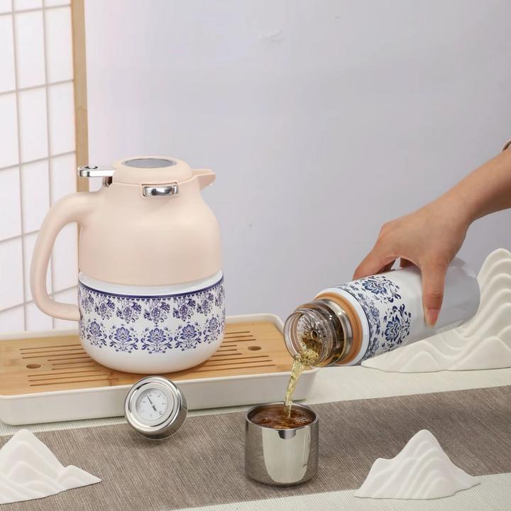 第4代【机械温显】青花瓷1500ml钛壶+500ml茶水分离钛杯礼盒套装
