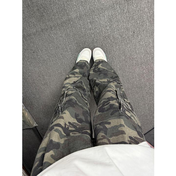 美式加绒迷彩工装裤男款秋冬高街cleanfit弯刀阔腿微喇裤子直筒裤