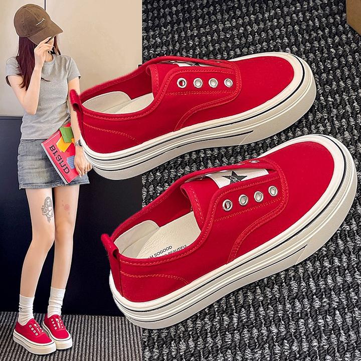 厚底帆布鞋女2025夏季新款百搭休闲板鞋一脚蹬懒人鞋34码饼干鞋女