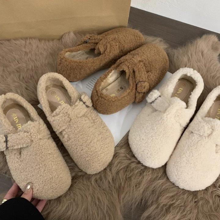 毛毛鞋女款一脚蹬加绒豆豆鞋2025新款秋冬玛丽珍棉鞋子保暖勃肯鞋