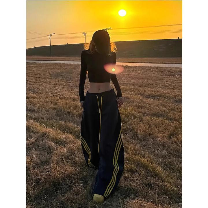 美式条纹拼接宽松阔腿裤男夏季慵懒松弛感弯刀裤子直筒运动卫裤