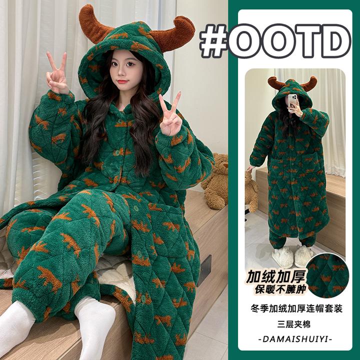 【加加加厚-更保暖】三层夹棉保暖秋冬季女士睡袍家居服可外穿套装