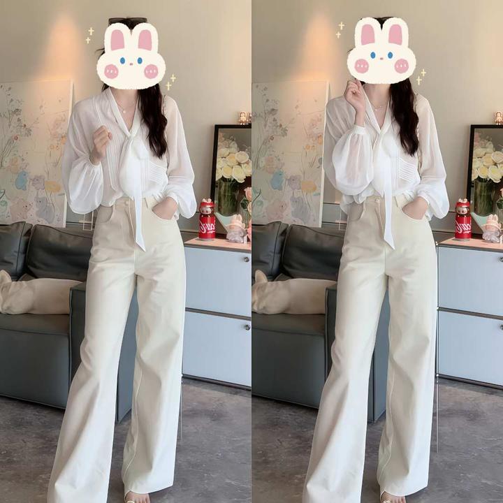 仙气美感 定制蕾丝拼轻蝴蝶结长袖白色衬衫上衣+白裤子BB50252