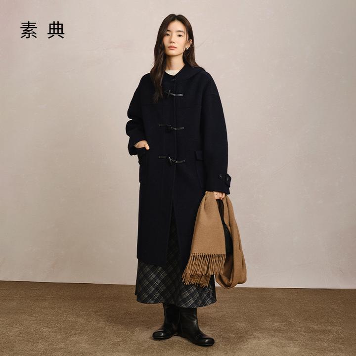 素典【羊毛牛角扣】复古毛呢外套女冬双面呢子大衣5158