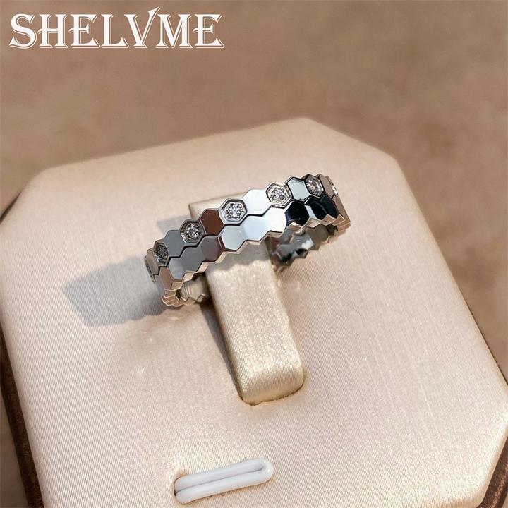 钛钢合成锆石戒指 cnc精工窄版蜂窝戒指尾戒百搭叠戴蜂巢指环对戒