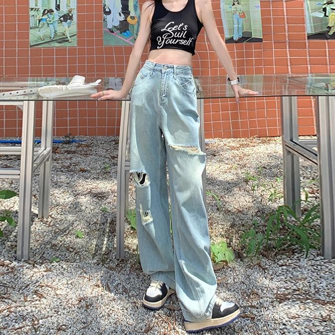 美式高街破洞牛仔裤女夏季薄款2025新款腰垂感宽松阔腿裤TZQ22695