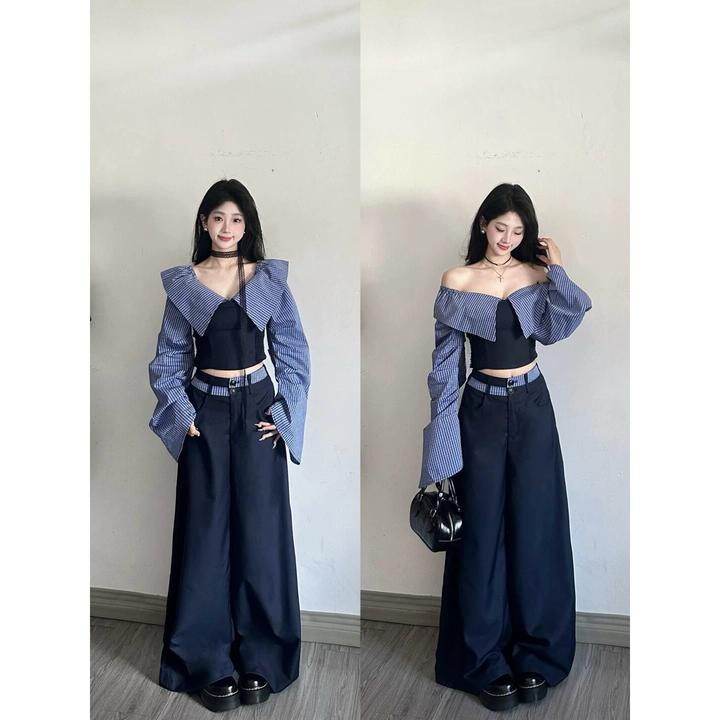 一字肩衬衫女春季条纹拼接学院风修身显瘦上衣宽松休闲裤子 HD