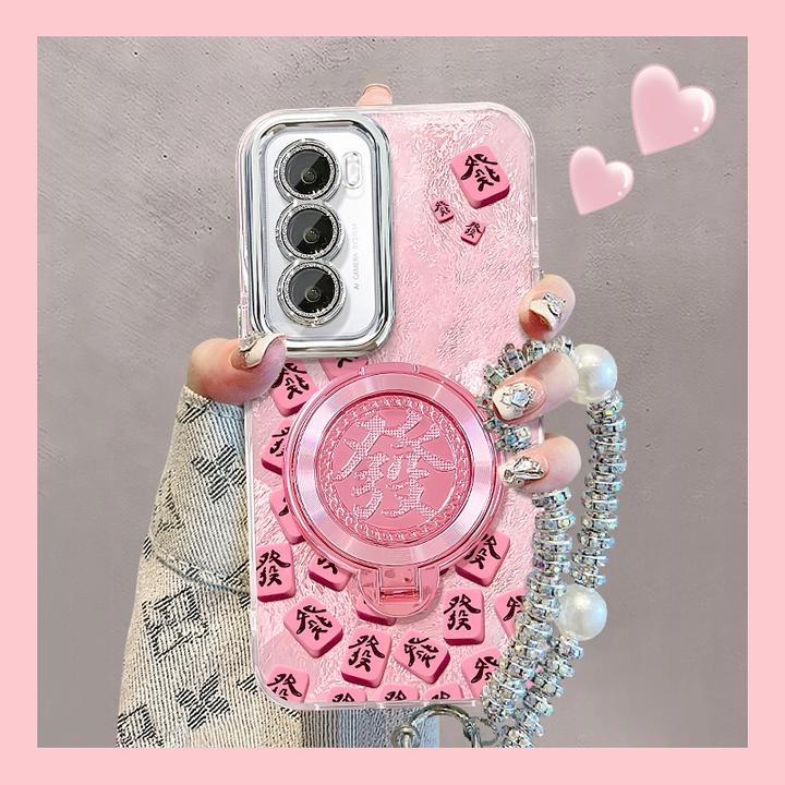 适用于OPPOReno12粉麻将发转转支架精孔冰川纹创意防摔手机壳