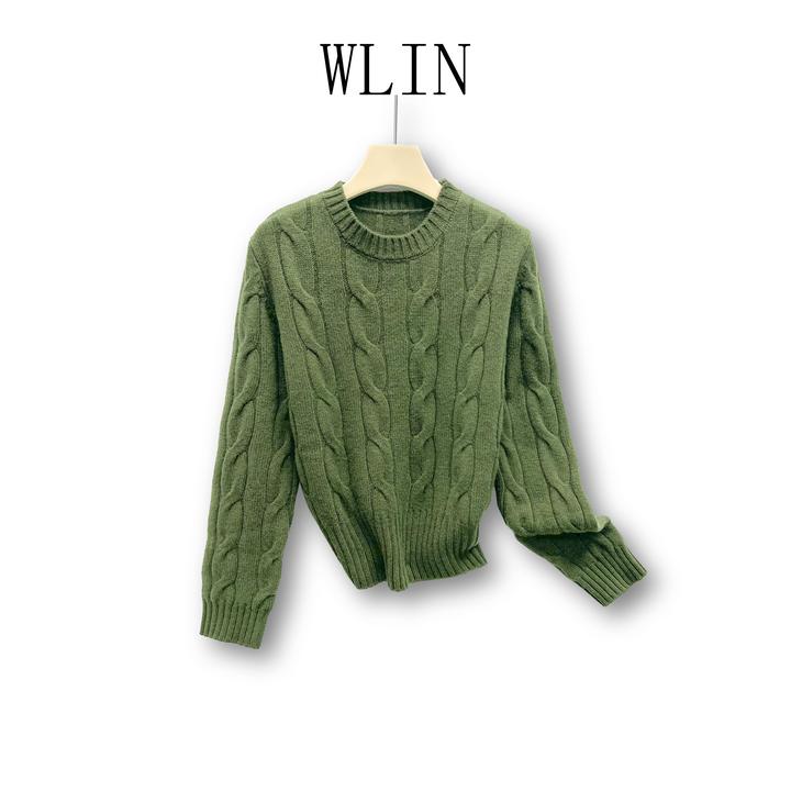 WLIN 百分百绵羊毛圆领简约绞花女士针织衫WL88250