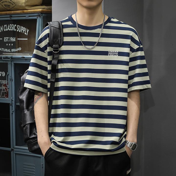 2025新款条纹短袖t恤男宽松大码打底衫美式重磅半袖体恤夏季薄款