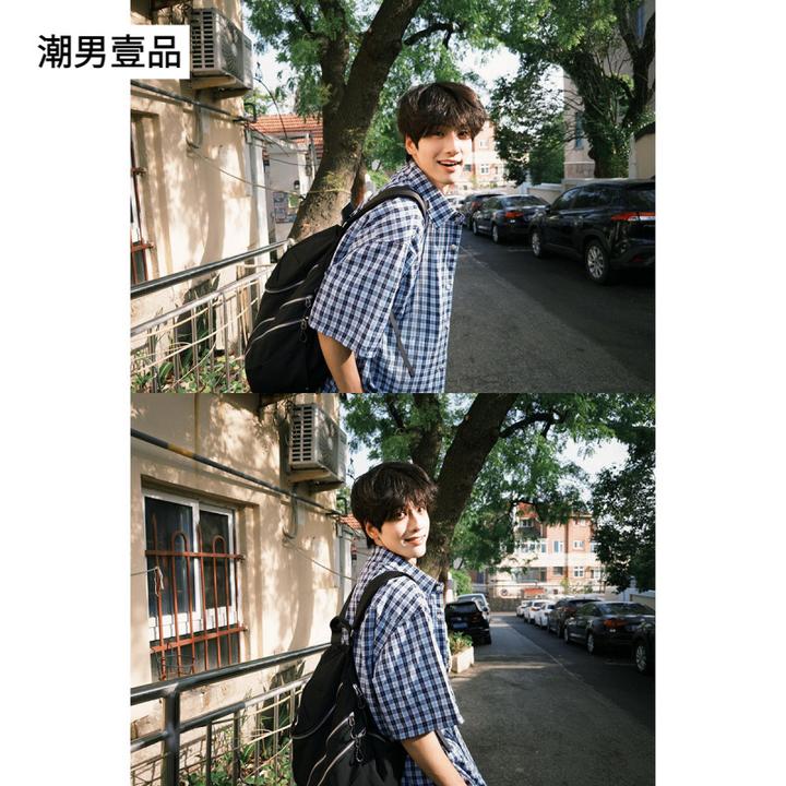 深蓝色格子衬衫短袖男夏季日系复古阳光干净男生穿搭休闲衬衣外套