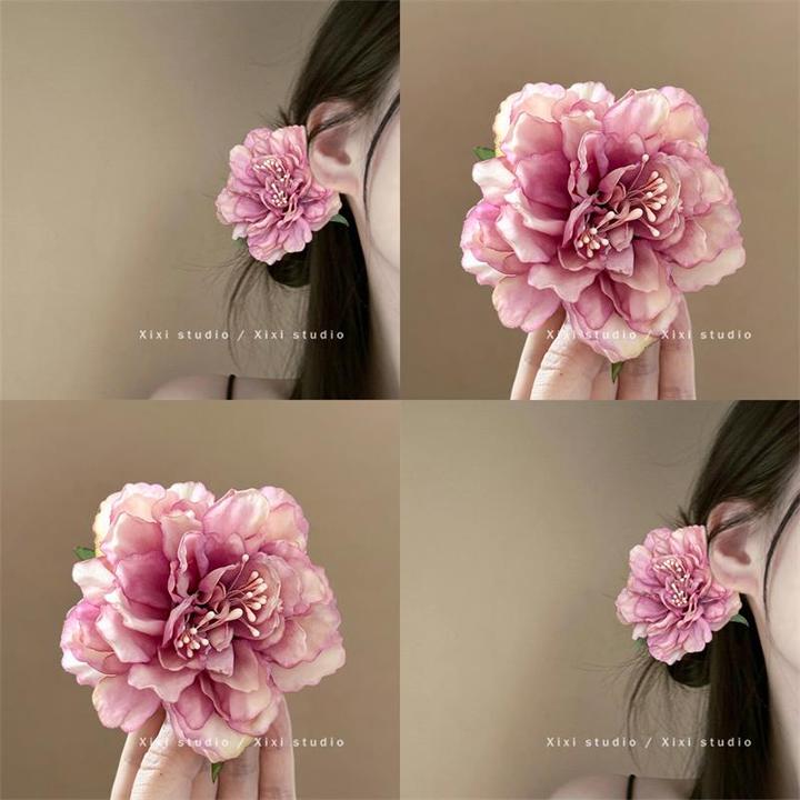 高级感渐变牡丹花发夹春夏氛围仿真花朵鸭嘴夹新品拍照头饰侧边夹