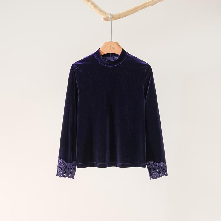 西子/【染秋】高级进口丝绒拼接烧花蕾丝紫色上衣/SYBH2284