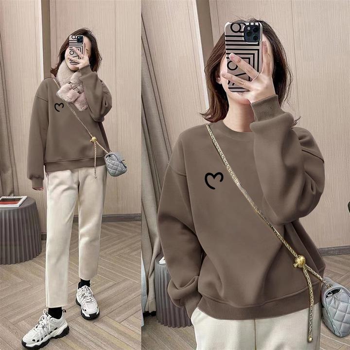 圆领套头打底衫加绒加厚卫衣女2025秋冬新款宽松韩版外套春秋薄款