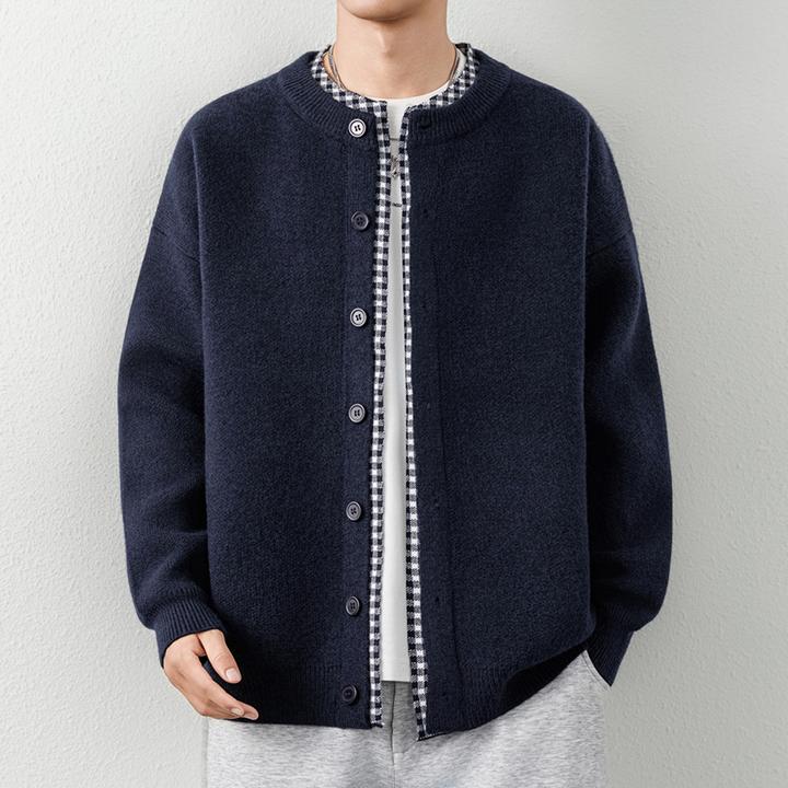 春秋季新款假两件针织韩版开衫加厚男士美式撞色毛衣潮流帅气刺绣