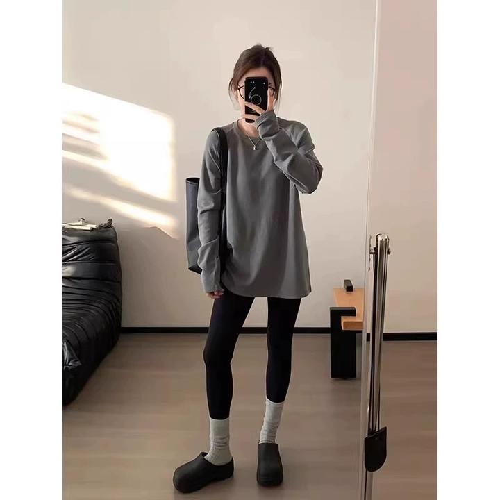 设计感插肩袖时尚宽松长袖T恤女2025秋冬款大版显瘦磨毛套头上衣