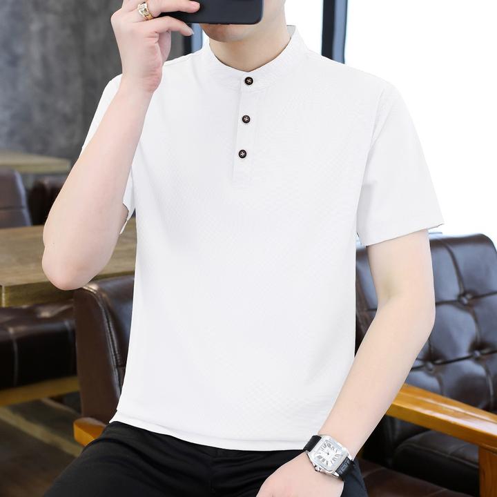 冰感T恤男士夏季纯色中山领短袖潮流时尚商务半袖透气速干休闲t恤