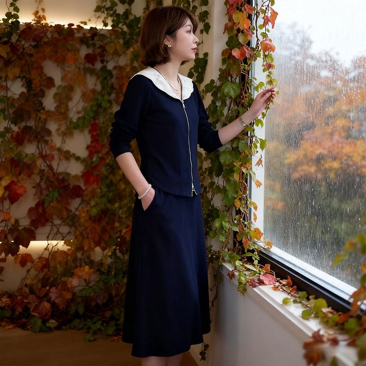 时尚气质减龄套装裙女秋季新款娃娃领领开衫拉链上衣中长裙两件套
