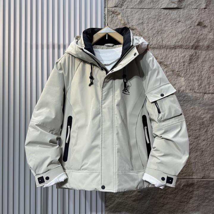 潮牌户外防寒工装羽绒服男冬季新款休闲加厚连帽白鸭绒冲锋衣外套