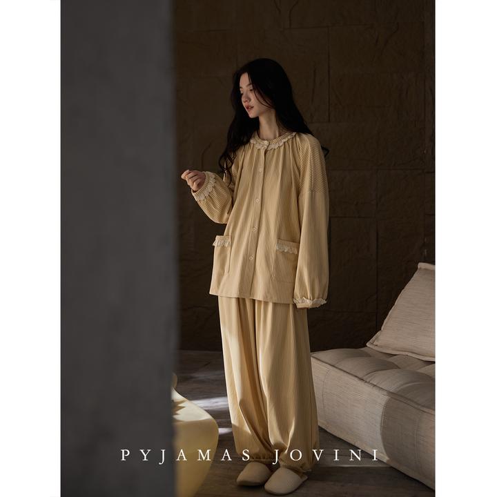 俏薇妮大码德绒睡衣女冬季桑蚕丝羊毛条纹2025年新款家居服套装