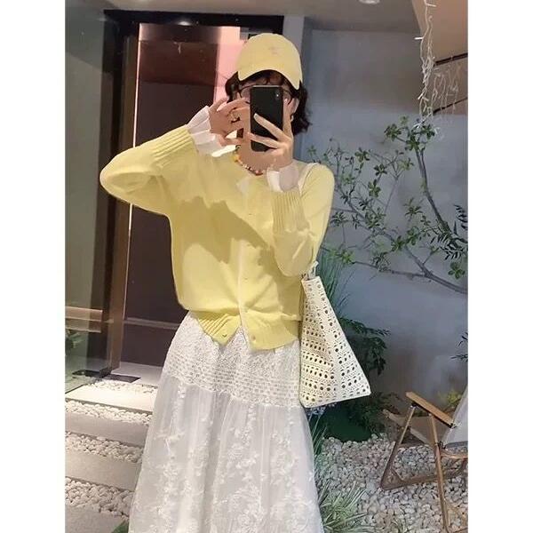 2025欧若风春夏荷叶边拼色针织开衫百搭显瘦毛衣高腰蕾丝半身裙女