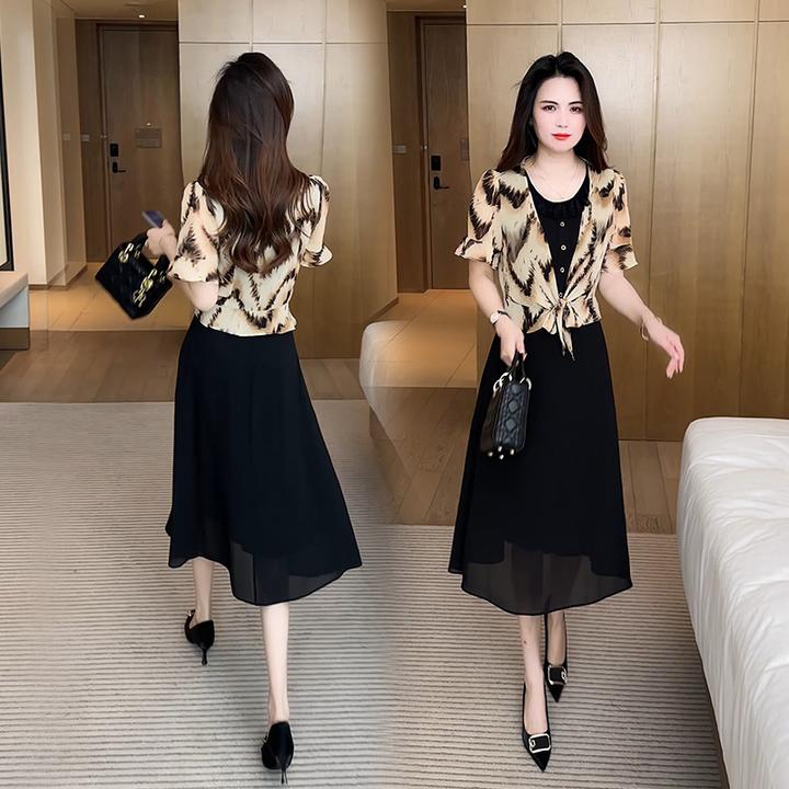 假两件拼接印花连衣裙女夏季2025新款时尚洋气修身显瘦中长款裙子