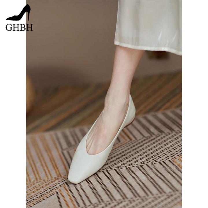 高端真皮白色小皮鞋女英伦风日系低跟单鞋平底尖头浅口工作鞋软皮