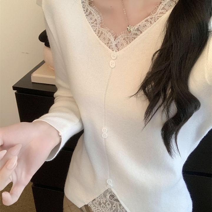 纯欲女神春秋季V领蕾丝毛针织衫女内搭外穿修身短款长袖打底上衣
