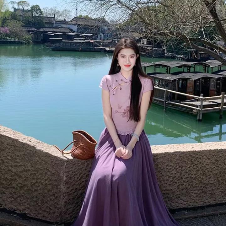 凌茜紫黛国风新中式栀子花紫色韵味上衣优雅显瘦温柔套装裙子