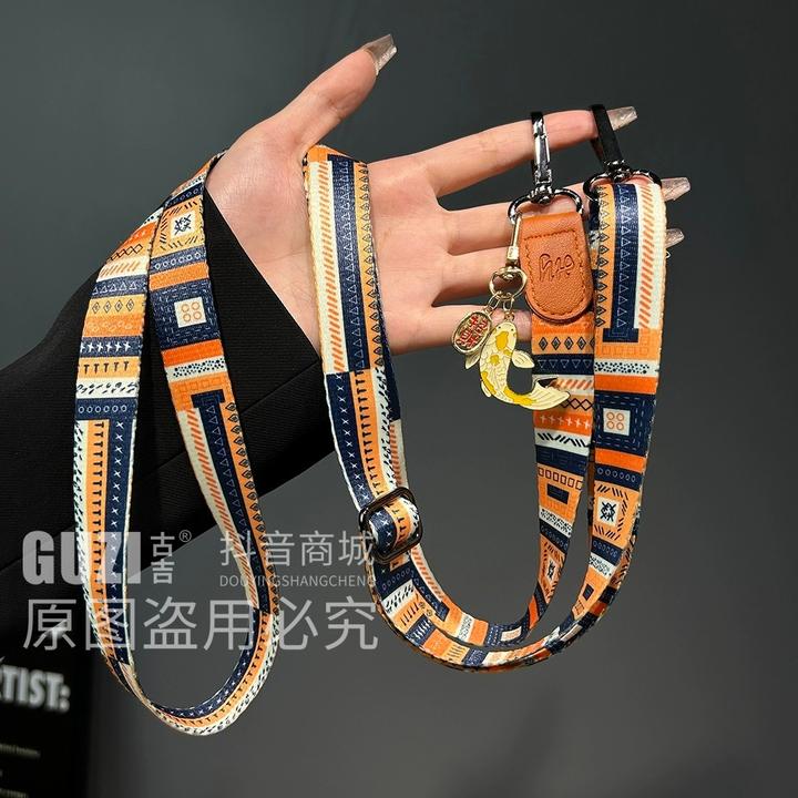 中国风挂件手机挂绳像印花皮扣帆布可调节斜挎吊绳挂手腕手机壳链