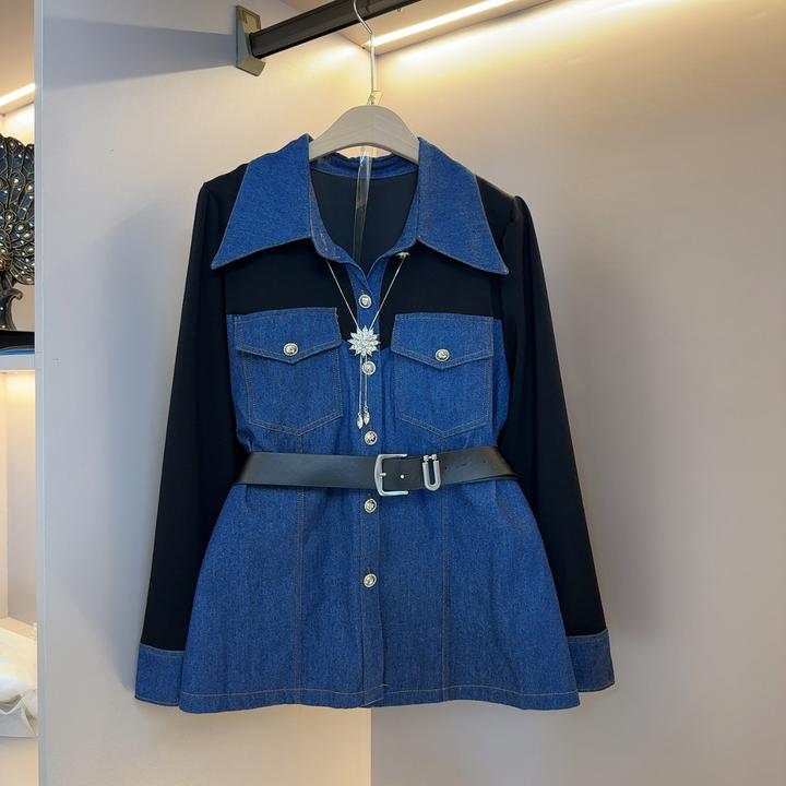 大码女装春季新款时尚拼接衬衫女韩版洋气牛仔翻领百搭显瘦打底衫