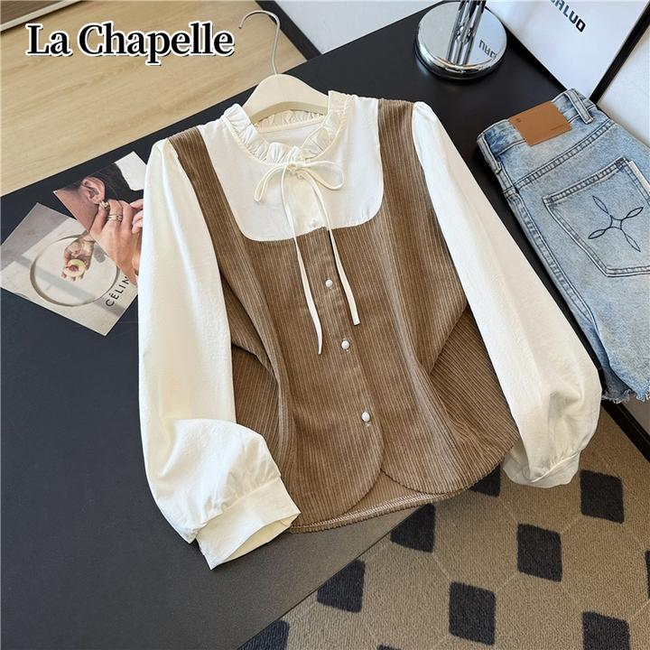 拉夏贝尔法式复古假两件衬衫女秋装新款设计感减龄荷叶边长袖上衣