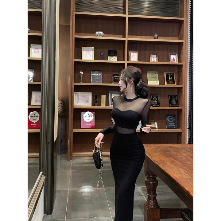 法式气质网纱长裙连衣裙女2024秋冬新款针织拼接包臀裙性感裙子女