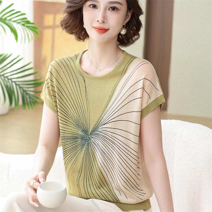 妈妈装夏季新款针织短袖T恤母亲节礼物宽松透气中老年女装薄上衣