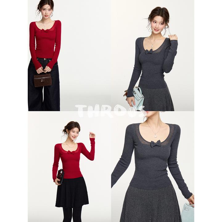 谢不肉 蝴蝶结U领微透设计感毛针织衫女冬休闲百搭打底上衣51135