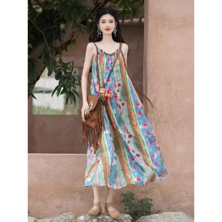 新中式吊带连衣裙两件套民族国风2025夏法式复古油画度假长裙套装