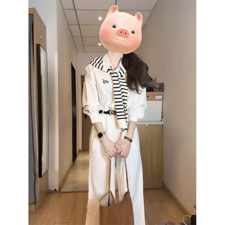 2025春季新款韩系简约通勤白色长袖polo领衬衫女配高腰显瘦休闲裤