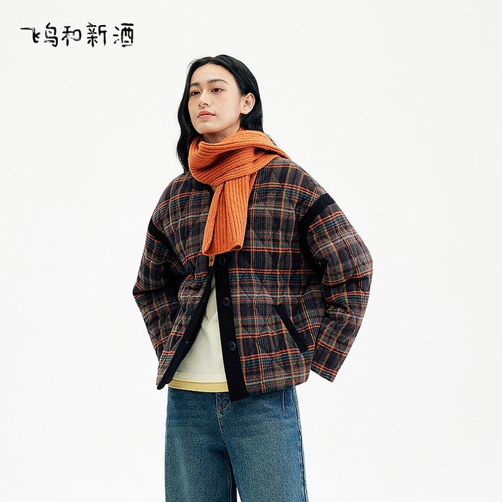 飞鸟和新酒宽松格纹外套女冬季休闲百搭舒适拼接棉衣FD57022026