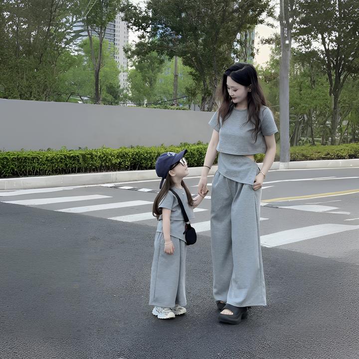 女童套装夏装2025新款洋气儿童韩系不规则短袖T恤阔腿裤两件套