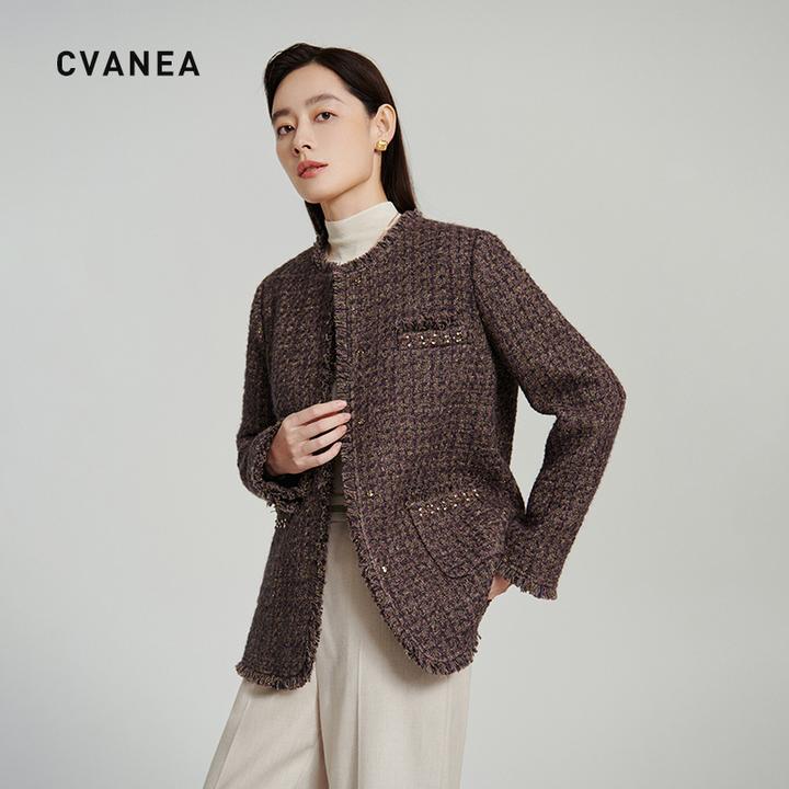 CV ' 高级定制轻奢女装 羊毛粗花呢手工钉珠百搭保暖小香风外套女