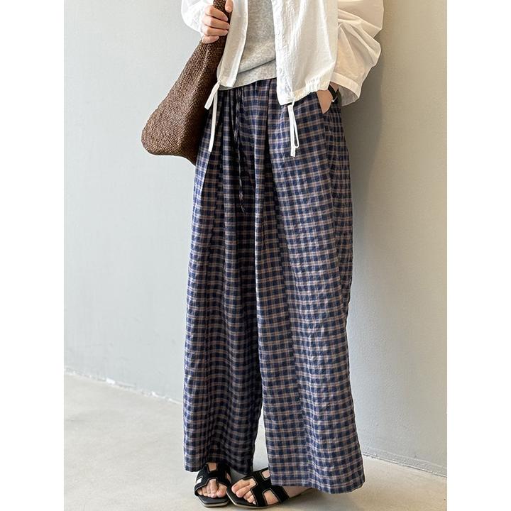 言双美式复古格纹阔腿裤女夏季宽松百搭休闲直筒拖地长裤82330