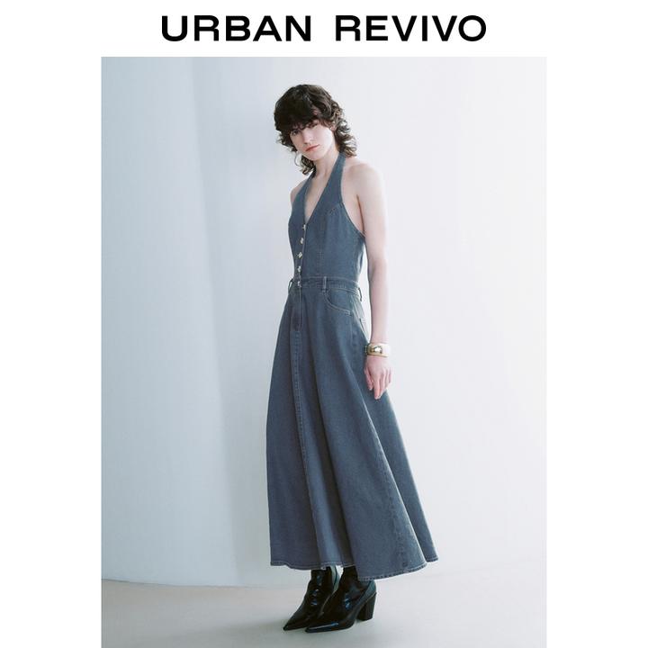 UR2025夏季新款女复古金属扣饰挂脖蓝色牛仔连衣裙UWG850076