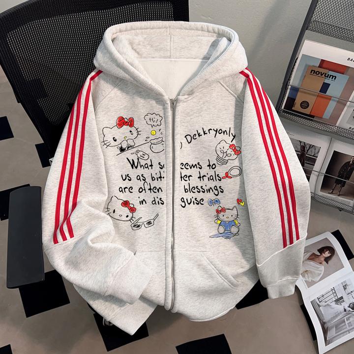 Dekkry潮牌美式个性休闲连帽开衫卫衣秋冬季三条杠男女款加绒上衣