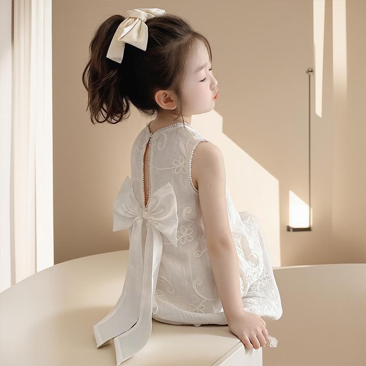 洋气韩系2025夏季儿童无袖礼服中大童女孩后背蝴蝶结蕾丝公主裙