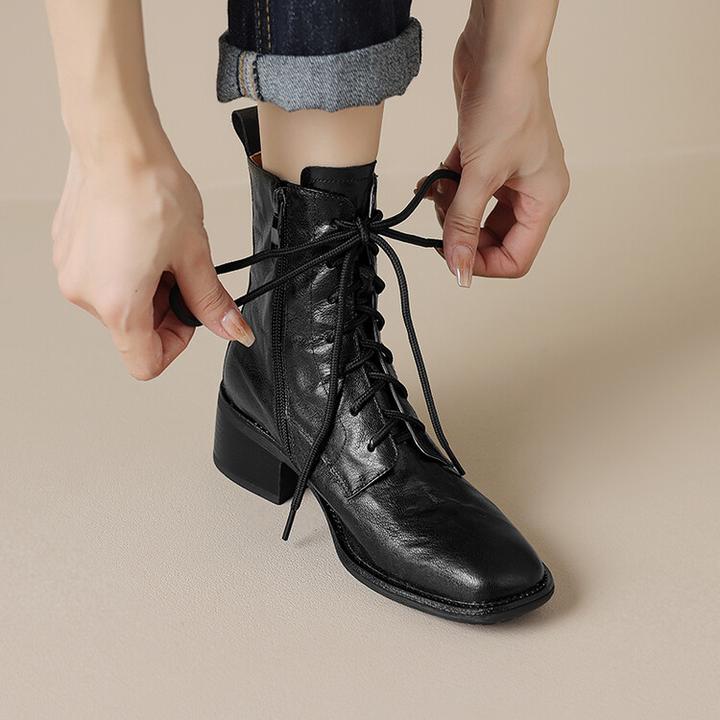 4cm~2025年秋冬新款英伦风方头系带中跟粗跟真皮显脚小复古短靴女
